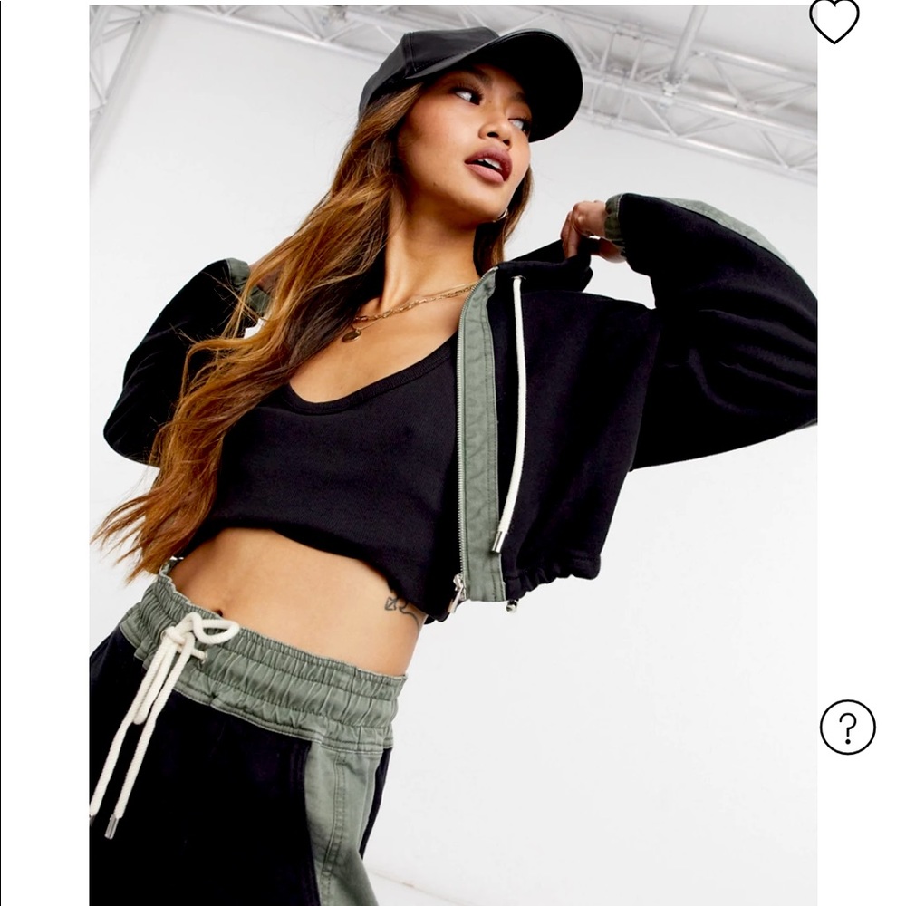 DEREK LAM 10 CROSBY Color Block Cropped Hoodie In Black with Green - NWT